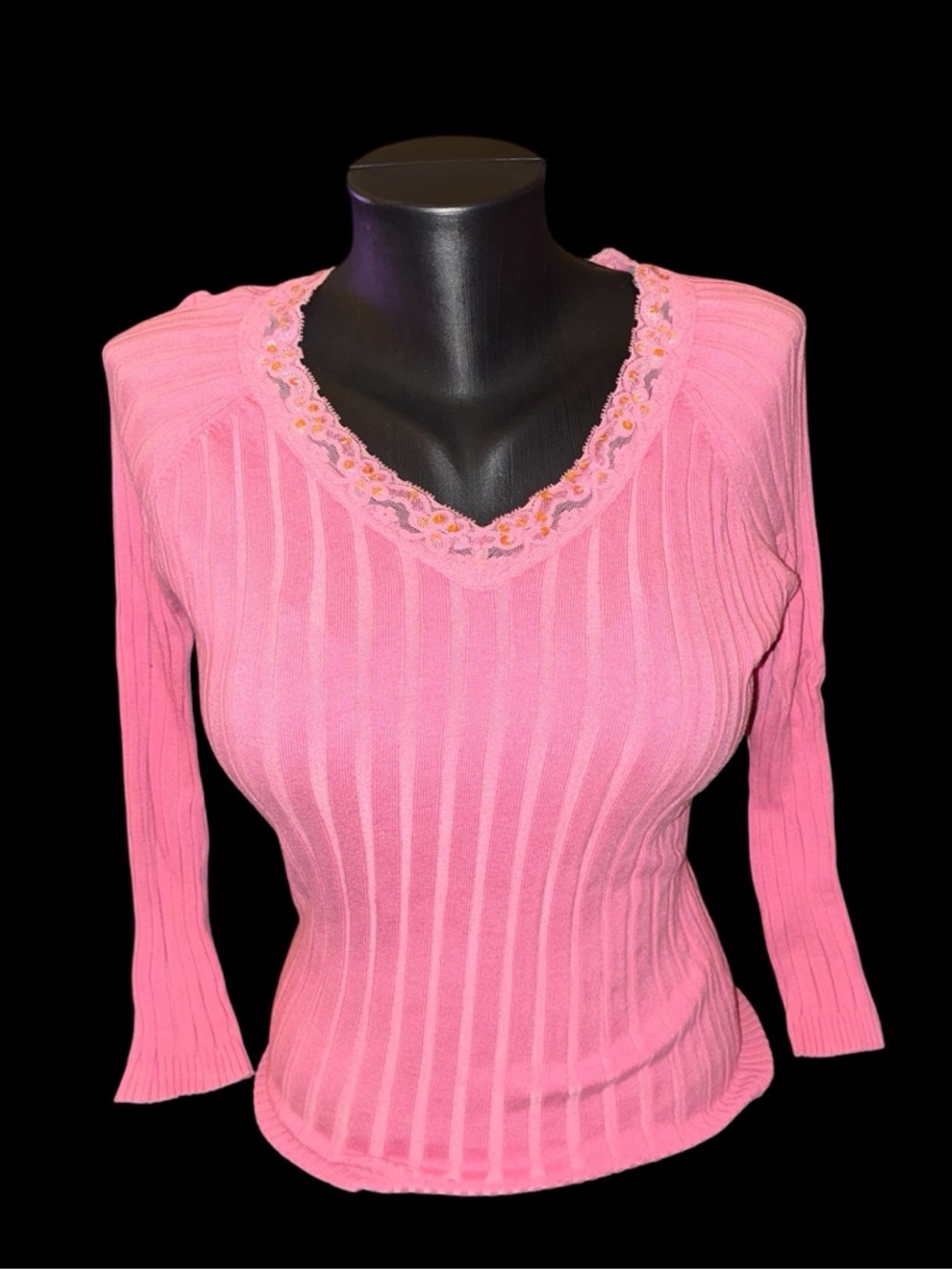 Star City Pink Ribbed Top with Lace Detail